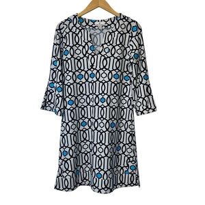 Jude Connally Megan Shift Dress Women’s Sz SM Navy White Trellis Lattice 3/4 Slv